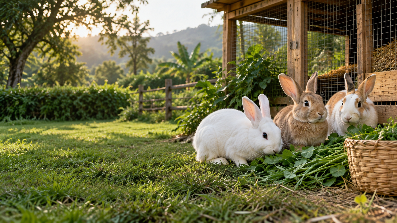 Healthy white and light-brown rabbits on clean green grass at Sunguch Rabbit Farm in Ruiru, Kenya