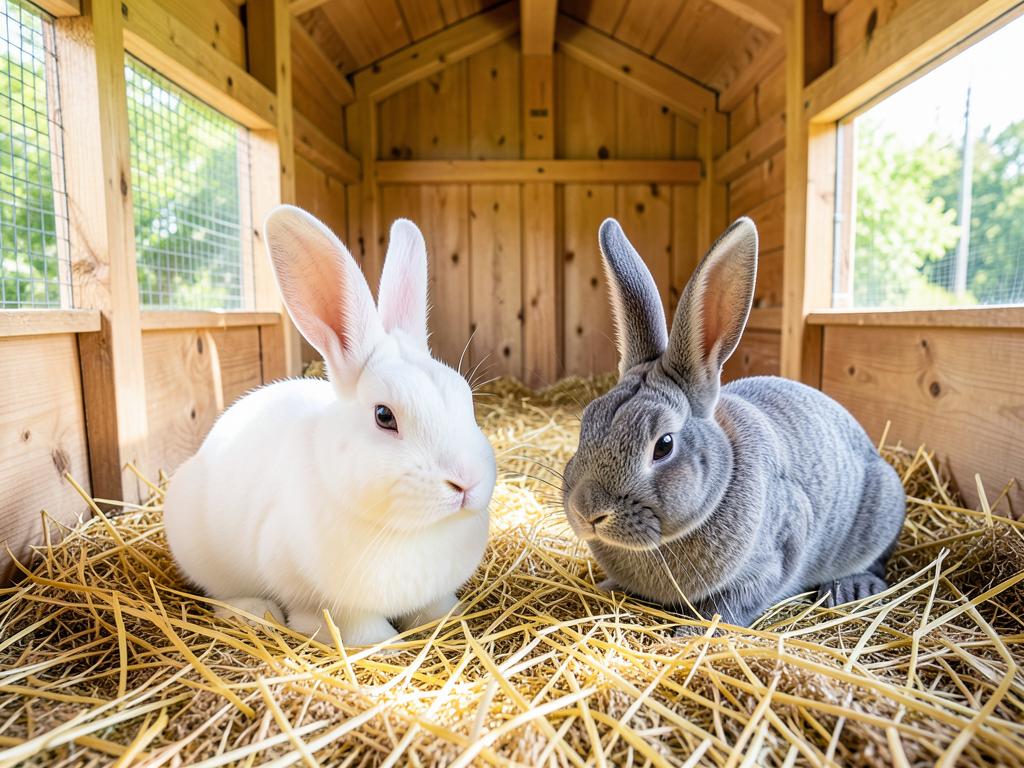 Two healthy adult breeding rabbits resting on clean straw in a spacious wooden hutch