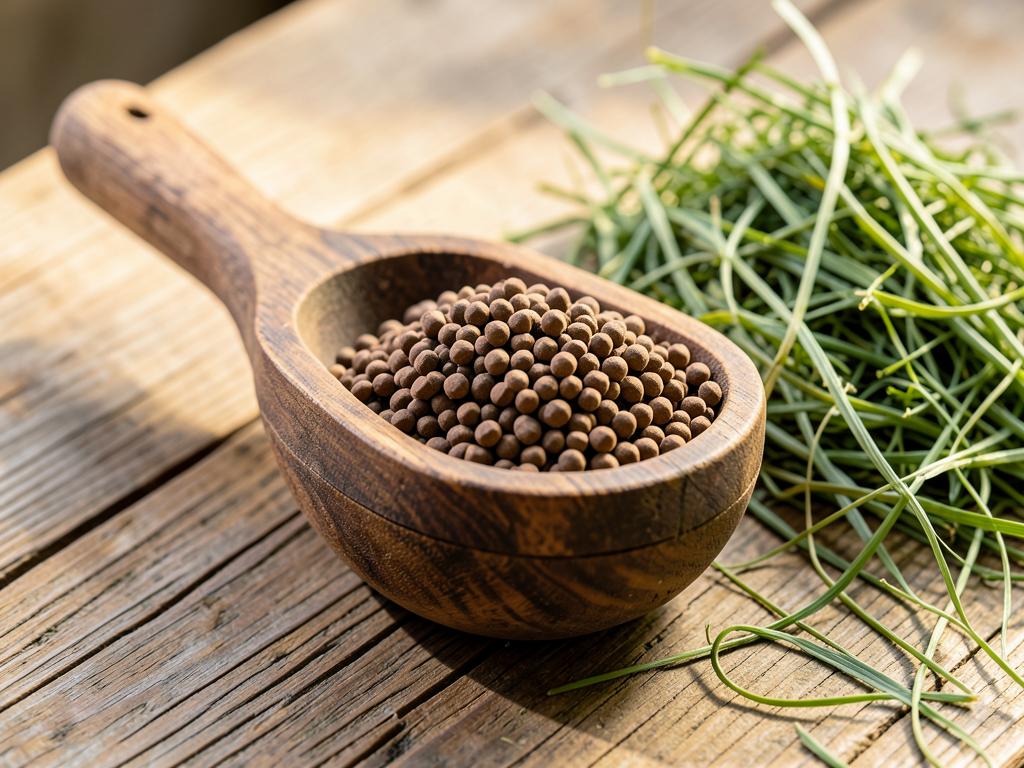 Wooden scoop of pelleted rabbit feed beside fresh green hay on a wooden table