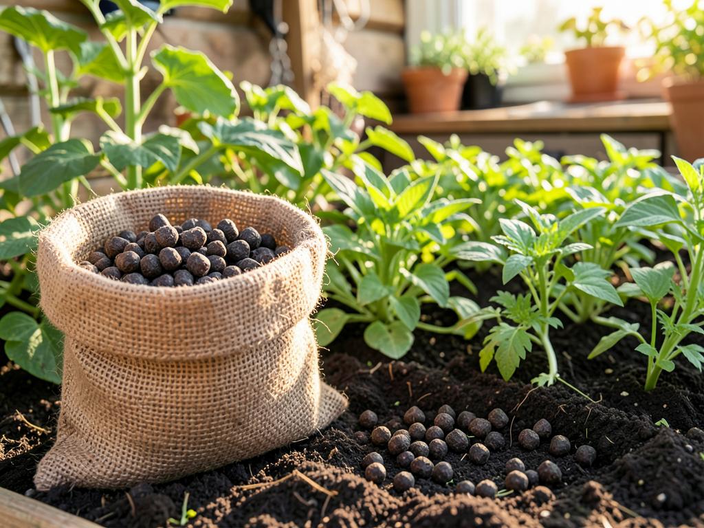 Sack of nutrient-rich rabbit manure pellets beside a healthy kitchen garden