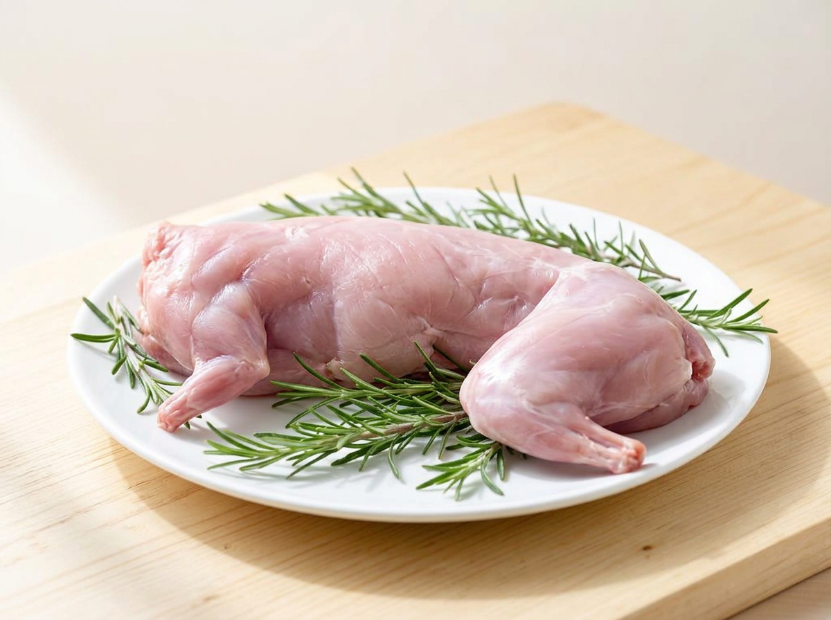Fresh lean rabbit meat cuts arranged on a clean white plate with rosemary