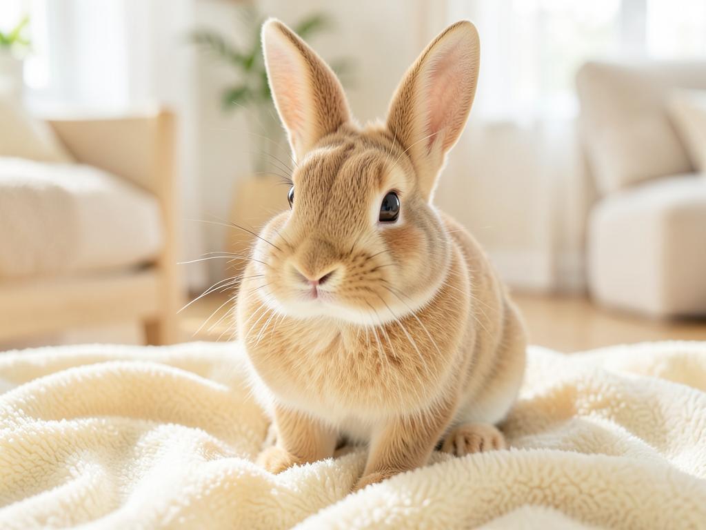 Healthy light-brown pet rabbit sitting calmly on a soft cream blanket indoors