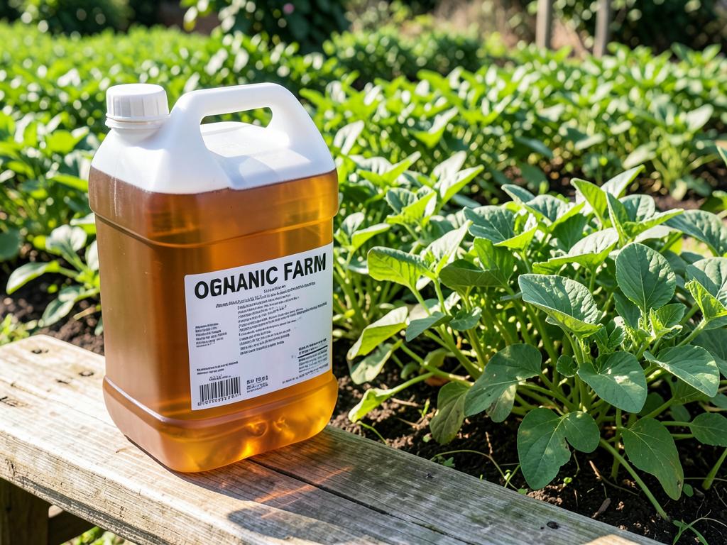 Container of natural rabbit urine farm input beside green vegetable seedlings