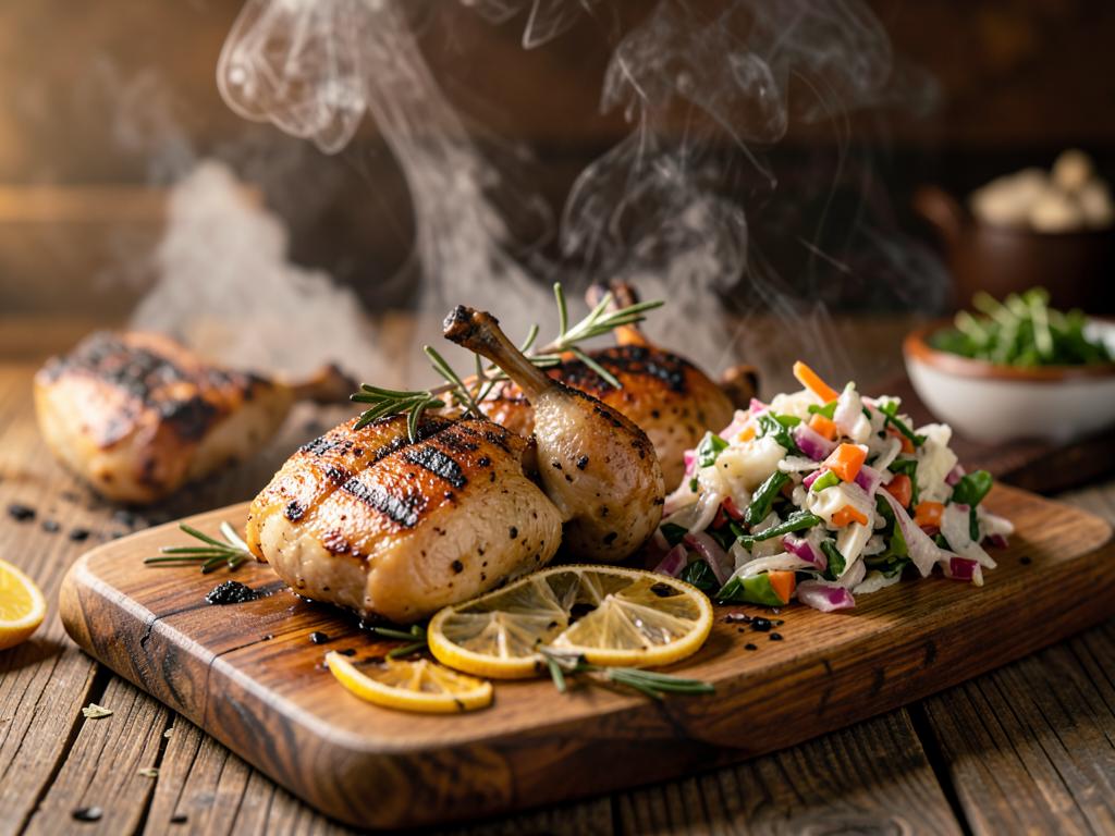 Charcoal-grilled rabbit portions with lemon and rosemary on a wooden board